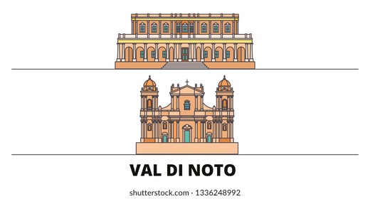 Italy, Val Di Noto flat landmarks vector illustration. Italy, Val Di Noto line city with famous travel sights, design skyline. 