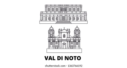 Italy, Val Di Noto line travel skyline set. Italy, Val Di Noto outline city vector illustration, symbol, travel sights, landmarks.