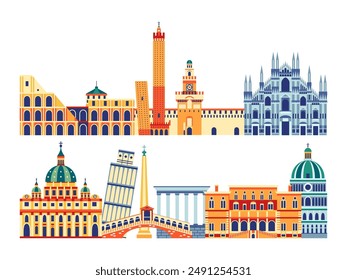 Italy and Vatican vintage web banner with travel monuments and popular buildings composition. Italian architectural iconic landmarks and famous cultural symbols of Rome, Milan, Pisa and Bologna.