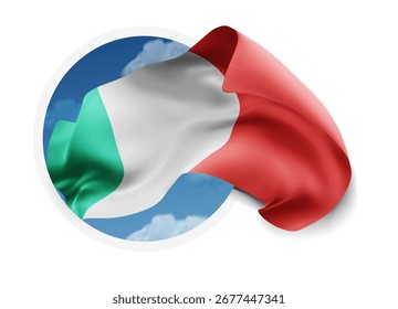 Italien, Vektor 3D-Flagge auf blauem Himmel, durch ein rundes Loch auf weißem Hintergrund
