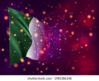 Italia, bandera vectorial 3d sobre fondo púrpura rosa con iluminación y bengalas