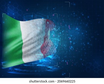 Italy, vector 3d flag on blue background with hud interfaces