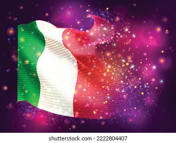 Italy, vector 3d flag on pink purple background with lighting and flares