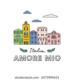 Italy vector clipart. Hand drawn travel clipart: colorful italian houses on white background