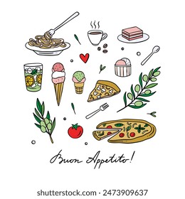 Italien Vektorgrafik Clipart. Italienisches Essen süße Clipart. Pizza, Pasta, Eiscreme Doodle Stil Kollektion