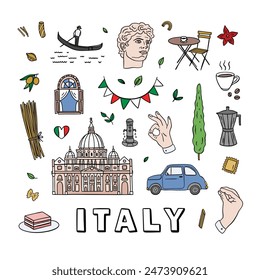 Italy vector clipart: St. Peter's Basilica, gondola, italian food, pasta, Apollo's head, italian hand gestures