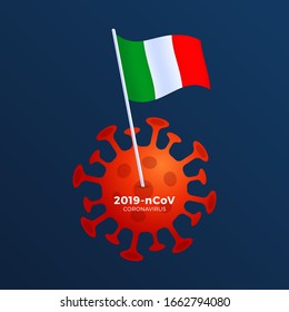 Bandera vectorial italiana anclada a un coronavirus. Detengan el brote de 2019-nCoV. Peligro del coronavirus y riesgo de enfermedad de la salud pública y brote de gripe. Concepto médico de pandemia con células peligrosas