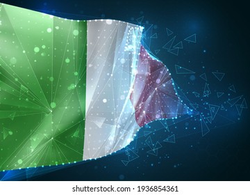 Italia, bandera vectorial, objeto 3D virtual abstracto de polígonos triangulares sobre fondo azul