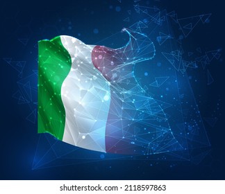 Italien, Vektorflagge, virtuelles abstraktes 3D-Objekt aus dreieckigen Polygonen auf blauem Hintergrund