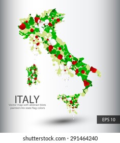 Italy vector map with abstract blots painted into state flag colors. Vector illustration.