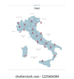 Italy vector map. Editable template with regions, cities, red pins and blue surface on white background. 