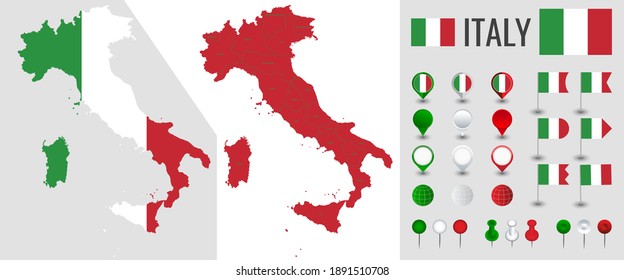 Italy vector map with flag, globe and icons on white background