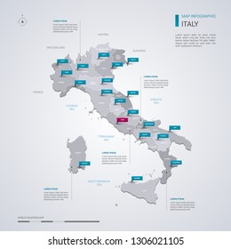 Italy vector map with infographic elements, pointer marks. Editable template with regions, cities and capital Rome. 