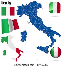 Italy vector set. Detailed country shape with region and provinces borders, flags and icons isolated on white background.