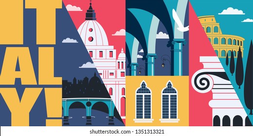 Italy vector skyline illustration, postcard. Travel to Italy, Rome modern flat graphic design element with Italian landmarks - Colosseum, St Peter cathedral, Bologna colonnade 