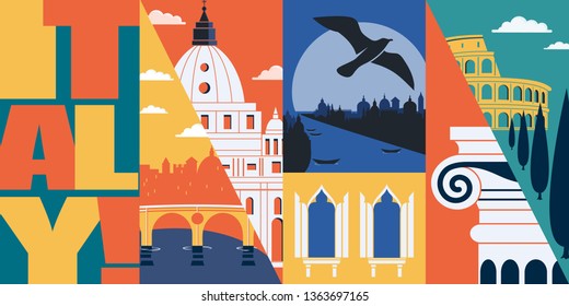 Italy vector skyline illustration, postcard. Travel to Italy, Rome modern flat graphic design element with Italian landmarks - Colosseum, Venice, details of architecture 