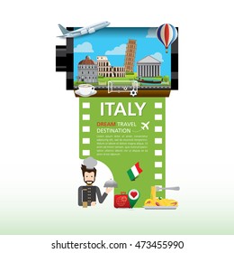 Italy Vector travel destinations icon set, Info graphic elements for traveling to Italy. camera film roll vector.