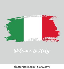 Italy vector watercolor national country flag icon. Hand drawn illustration with dry brush stains, strokes, spots isolated on gray background. Painted grunge style texture for posters, banner design.