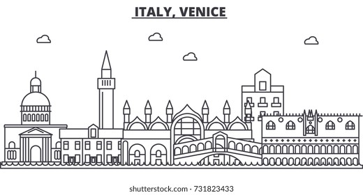 Italy, Venice architecture line skyline illustration. Linear vector cityscape with famous landmarks, city sights, design icons. Landscape wtih editable strokes