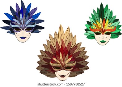 Italy Venice. Carnival venetian masks are drawn by hand in the style of flat.