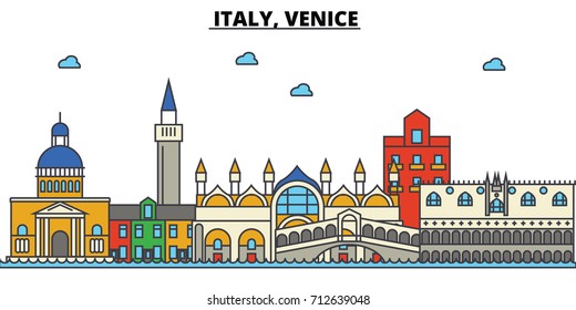 Italy, Venice. City skyline: architecture, buildings, streets, silhouette, landscape, panorama, landmarks. Editable strokes. Flat design line vector illustration concept. Isolated icons set