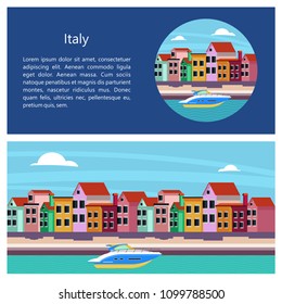 Italy. Venice. Colorful houses near the canal. Vector illustration. Postcard with sights. There is room for text.