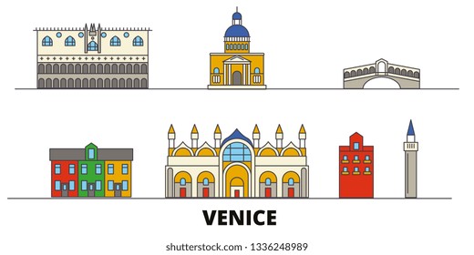 Italy, Venice flat landmarks vector illustration. Italy, Venice line city with famous travel sights, design skyline. 