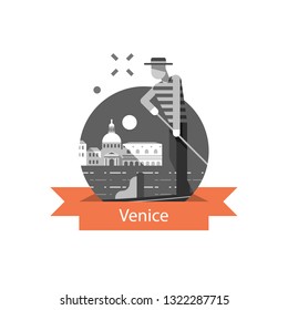 Italy, Venice symbol, travel destination, famous landmark, gondola and man in hat, vector icon, flat illustration