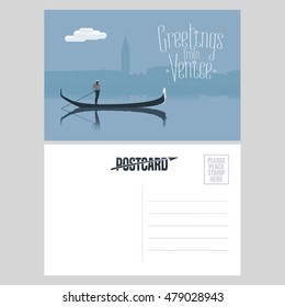 Italy, Venice vector postcard design with gondola and gondolier at Venice canal. Illustration,  nonstandard mailing postcard with copyspace, post office stamp and Greetings from Venice sign