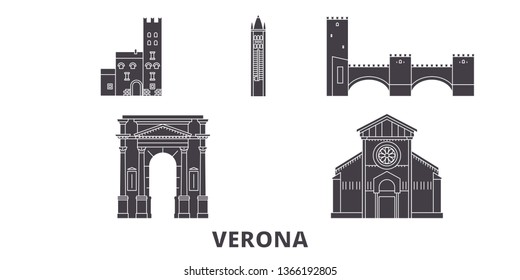 Italy, Verona City flat travel skyline set. Italy, Verona City black city vector illustration, symbol, travel sights, landmarks.