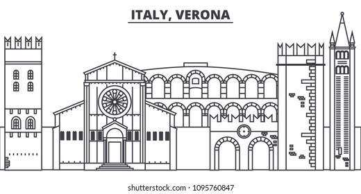 Italy, Verona line skyline vector illustration. Italy, Verona linear cityscape with famous landmarks, city sights, vector landscape. 