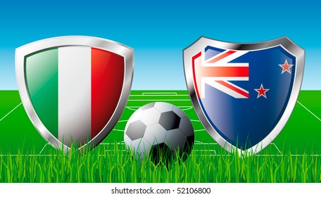 Italy versus New zealand abstract vector illustration isolated on white background. Shiny football shield of flag Italy versus New zealand