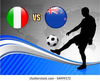 Italy versus New Zealand on Blue Abstract World Map Background Original Illustration
