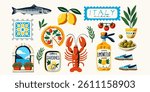 Italy Vibes Vector Set with Pizza, Lemons, Limoncello, Lobster, Sardines, Olive Branches, Mediterranean Window, Shoes, and Italian Symbols – Hand Drawn Colorful Illustration