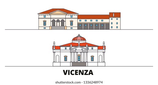Italy, Vicenza flat landmarks vector illustration. Italy, Vicenza line city with famous travel sights, design skyline. 