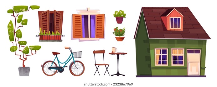 Italy vintage city street illustration vector set. House open window in italian town with wooden shutters and flowerpot. Retro suburb mediterranean cottage apartment building exterior icon design