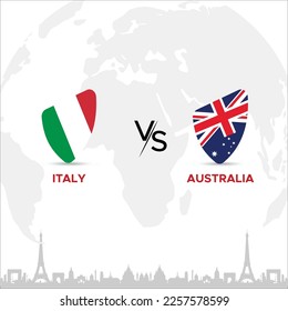 Italy vs Australia Creative Rugby Ball or Badge in flag design on France skyline background for a sports tournament, this vector for sports match template or banner in vector illustration. Editable EP