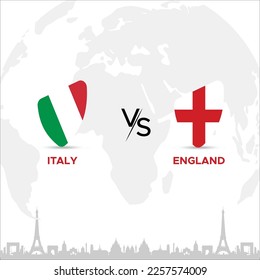 Italy vs England Creative Rugby Ball or Badge in flag design on France skyline background for a sports tournament, this vector for sports match template or banner in vector illustration. Editable EPS.