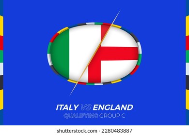 Italy vs England icon for European football tournament qualification, group C. Competition icon on the stylized background.