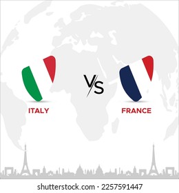 Italia vs Francia Creative Rugby Ball o Badge en el diseño de banderas en el fondo del horizonte de Francia para un torneo deportivo, este vector para la plantilla de partido deportivo o banner en la ilustración vectorial. EPS editable.