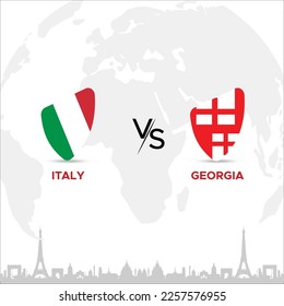 Italy vs Georgia Creative Rugby Ball or Badge in flag design on France skyline background for a sports tournament, this vector for sports match template or banner in vector illustration. Editable EPS.