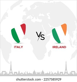 Italy vs Ireland Creative Rugby Ball or Badge in flag design on France skyline background for a sports tournament, this vector for sports match template or banner in vector illustration. Editable EPS.