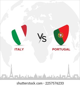 Italy vs Portugal Creative Rugby Ball or Badge in flag design on France skyline background for a sports tournament, this vector for sports match template or banner in vector illustration. Editable EPS