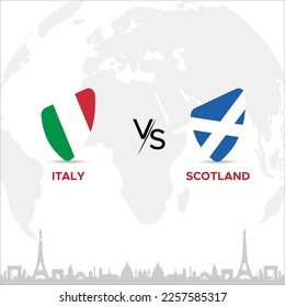 Italy vs Scotland Creative Rugby Ball or Badge in flag design on France skyline background for a sports tournament, this vector for sports match template or banner in vector illustration. Editable EPS