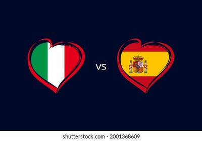 Italy vs Spain, flag emblems banner blue. National team soccer icons on blue background. Italian and Spanish national flag in heart. Vector illustration for football championship final competition