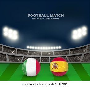 Italy vs Spain soccer ball in flag design on stadium background for football tournament , this image for sport match template or banner in vector illustration