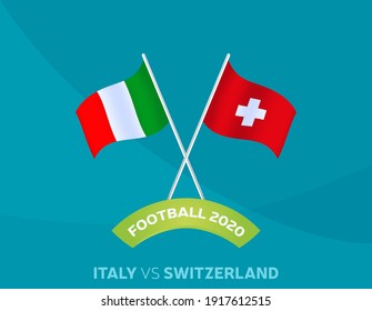 Italien gegen Schweiz-Spiel. Fußball 2020 Meisterschaftsspiel gegen Mannschaften auf sportlichem Hintergrund, Meisterschaftwettbewerb Finalposter, flache Vektorgrafik.