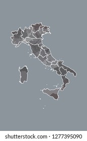 Italy watercolor map vector illustration in black color with border lines of different regions on dark background using paint brush on page