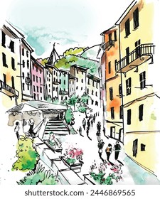 italy watercolour mixed media illustration background, italian street