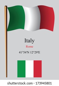 italy wavy flag and coordinates against gray background, vector art illustration, image contains transparency